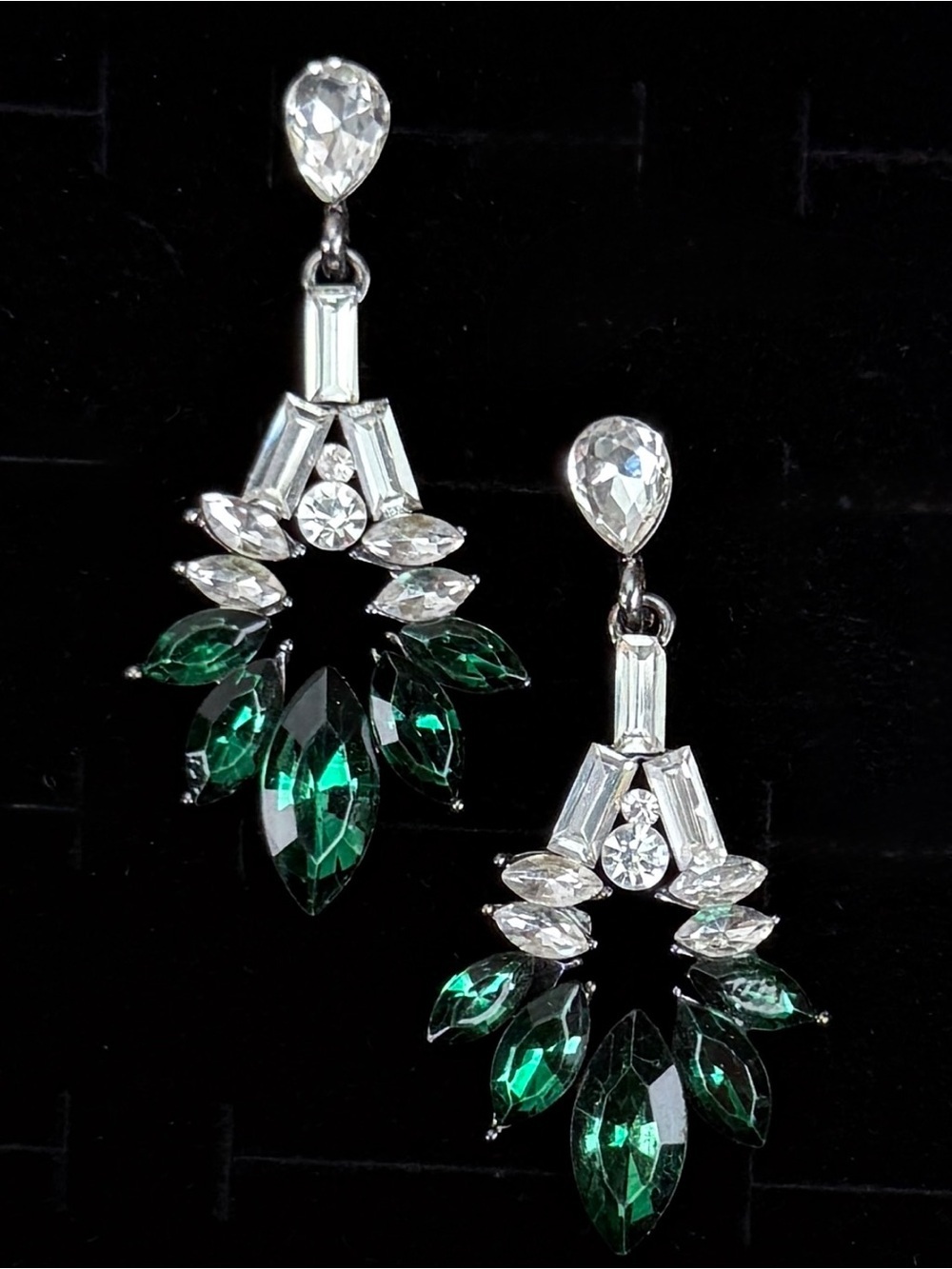 Vintage Green and Silvertone Clear Bling Pierced Earrings